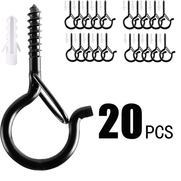 Windproof Q Hanger Hooks with Safety Buckle, Heavy Duty Screw in Hooks for Hanging Outdoor String Lights, Patio, Christmas, Plants, 20 Pack, 2.2 Inch, Black