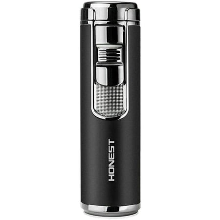 Windproof Quad 4 Nozzles Jet Flame Lighter Refillable Butane Gas Fuel Adjustable Four Jet Flames Lighter with Punch - Black