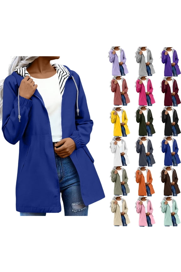 Windproof Rain Jackets for Womens Warm Solid Color Rain Jacket Outdoor Hooded Windproof Loose With Pocket Coat