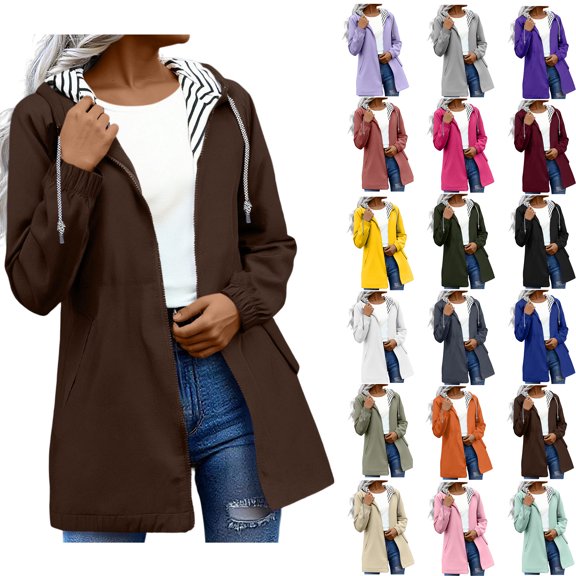 Windproof Rain Jackets for Womens Winter Solid Color Rain Jacket Outdoor Hooded Windproof Loose With Pocket Coat