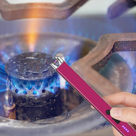Windproof Rechargeable Kitchen Lighter, Wenini USB Electric Arc Lighter with Battery Indicator, Extended Handle Ignition Stick for Gas Stove Candle Barbecue Grill, Purple