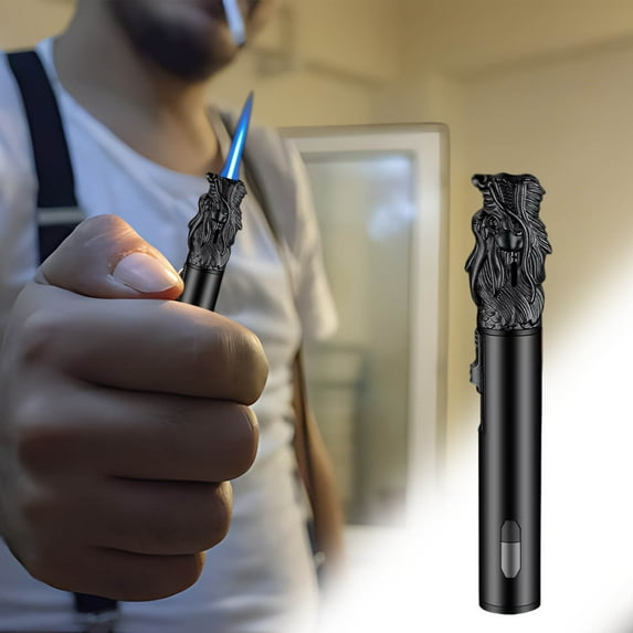 Windproof Refillable Butane Torch Lighter with Adjustable Flame, Transparent Fuel Window, Security Lock, Portable for Outdoor Camping Hiking Adventures, Alloy ABS Durable Scratch-Resistant