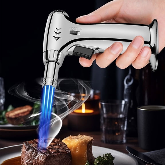 Windproof Refillable Butane Torch Lighter with Blue Jet Flame, Ergonomic Culinary Blowtorch for BBQ Grilling Baking Camping, Adjustable Gas Torch with Safety Lock for Creme Brulee Steak