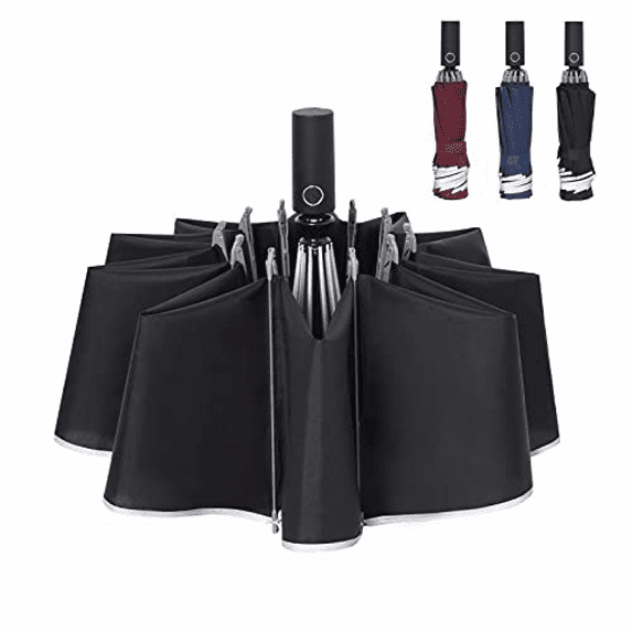 Windproof Reverse Umbrella Compact, upside down Inverted Folding Umbrellas for Rain, Car Travel Umbrella Automatic Open and Close--Black