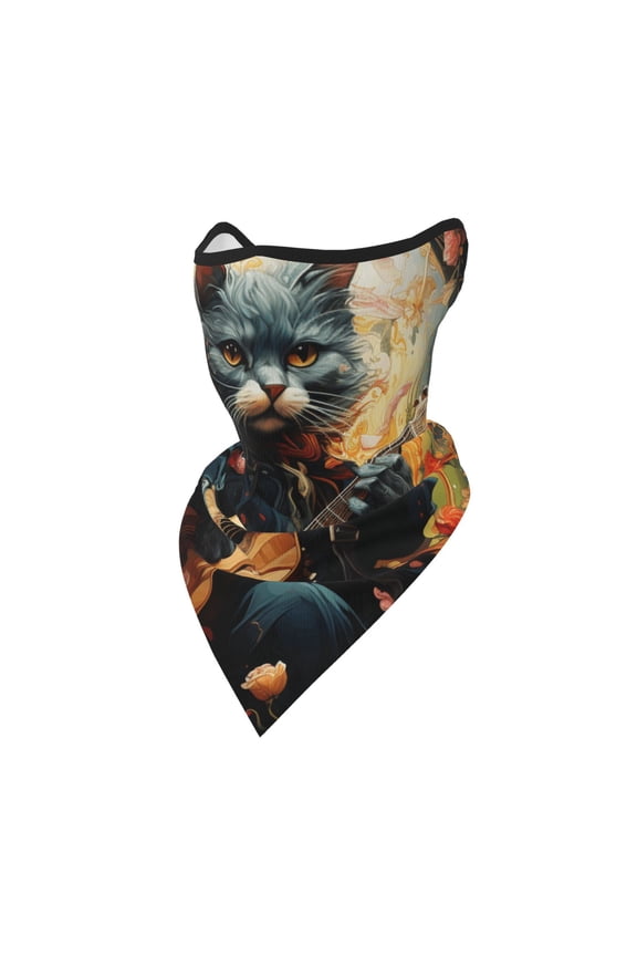 Windproof Sports Face Mask Protection Mesh Breathable Balaclava for Outdoor Activities, Cat Playing Guitar Flowers Art