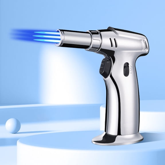 Windproof Straight Torch Blue Flame Lighter, Refillable Butane Torch with Turbine Jet Flame, Inflatable Gas Windproof Lighter for Outdoor BBQ Baking Grilling Creme Brulee Camping Cooking