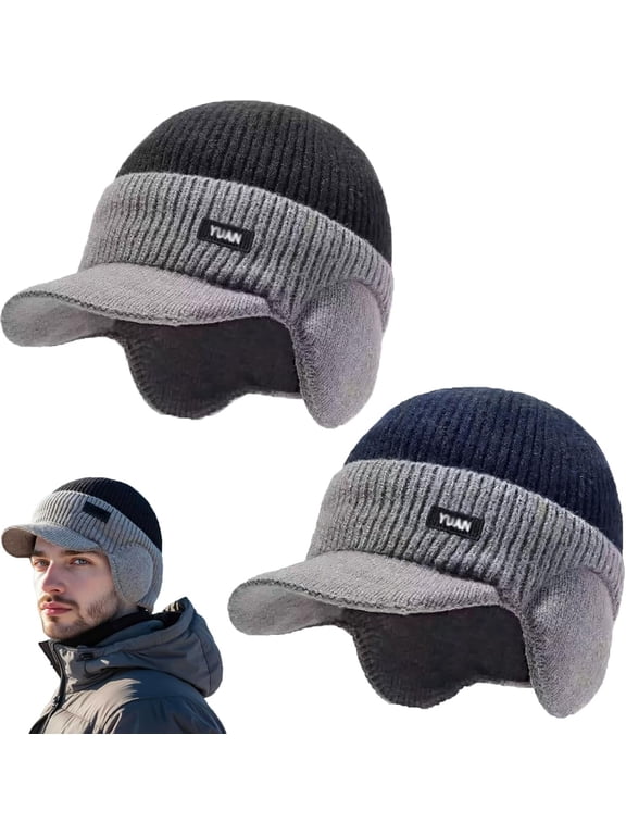 Windproof Thermal Cap with Visor, Ultimate Cold Protection Winter Knitted Earflap Hat with Brim and Ear Covers, Fleece Lined Thermal Beanie for Outdoor Activities.