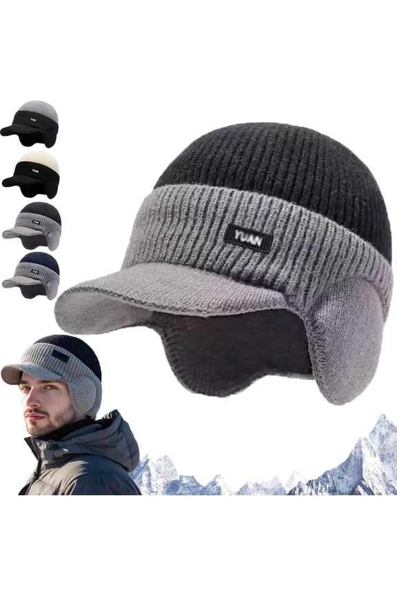 Windproof Thermal Cap with Visor, Ultimate Cold Protection Winter Knitted Earflap Hat with Brim and Ear Covers, Fleece Lined Thermal Beanie for Outdoor Activities.