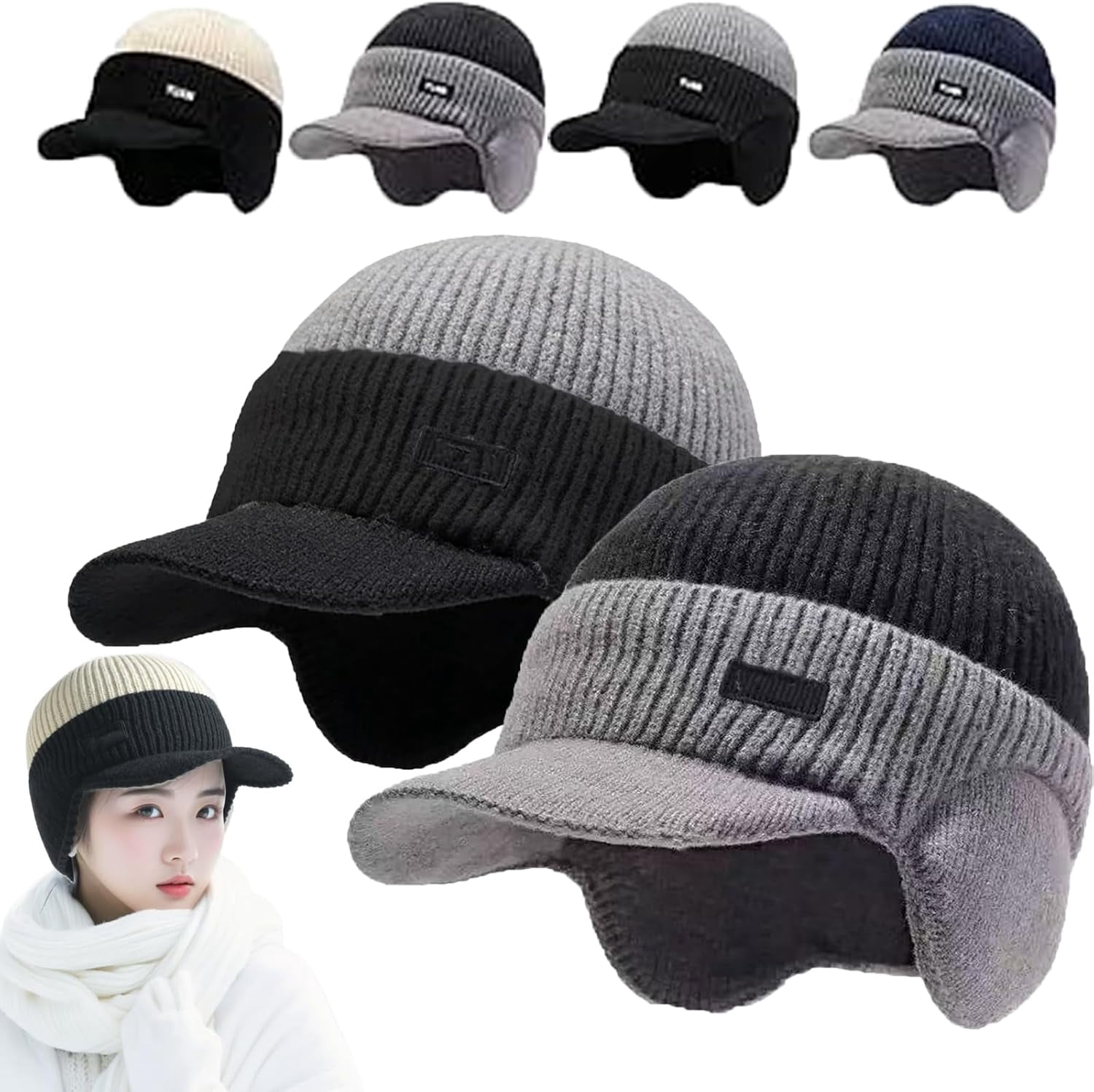 Windproof Thermal Cap with Visor, Winter Knitted Earflap Hat with Brim ...