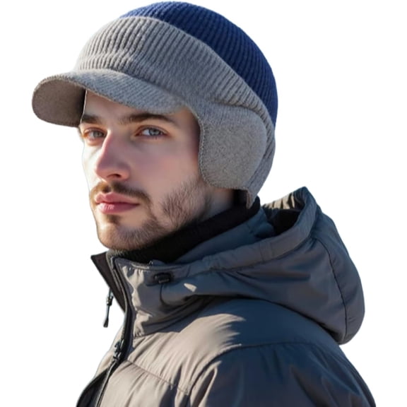 Windproof Thermal Cap with Visor - Fleece Lined Knitted Earflap Hat for Men & Women, Cold Weather Beanie for Outdoor Winter Activities