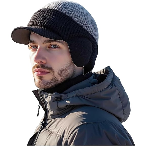 Windproof Thermal Cap with Visor, Heat Trap Beanie Hat with Ear Flaps That Ends Thermal Gapping for Men