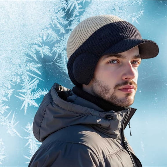 Windproof Thermal Cap with Visor, Men's Winter Knitted Earflap Hat with Brim, Outdoor Elastic Warm Fleece Baseball Cap Ends Thermal Gapping
