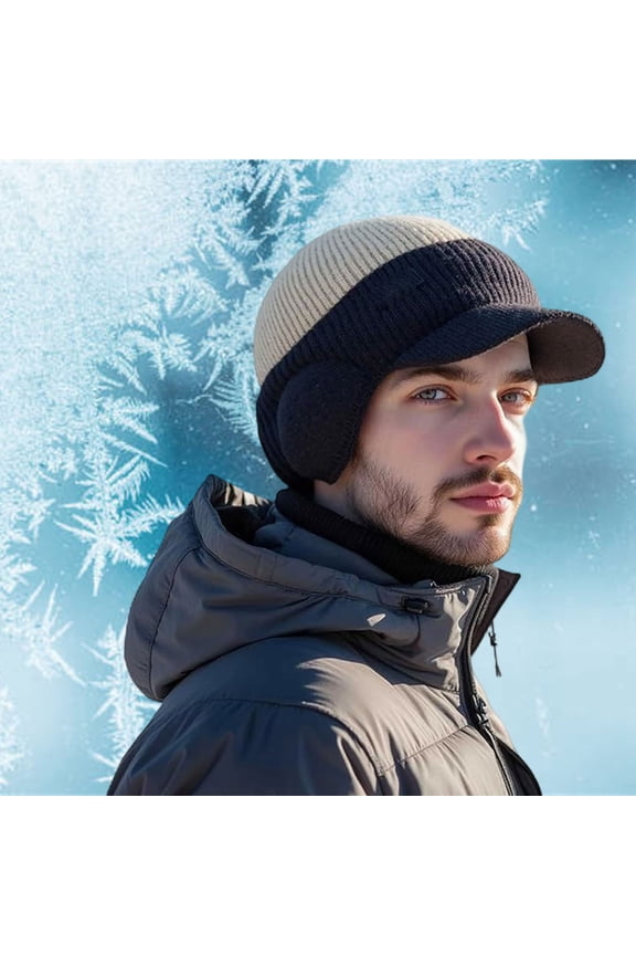 Windproof Thermal Cap with Visor, Men's Winter Knitted Earflap Hat with Brim, Outdoor Elastic Warm Fleece Baseball Cap Ends Thermal Gapping