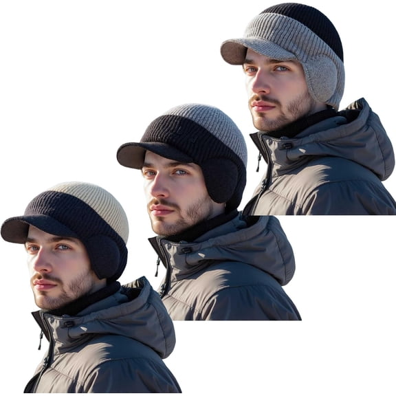Windproof Thermal Cap with Visor, Warm Knit Beanie with Ear Flaps, Stretchy Winter Hat for Outdoor Activities
