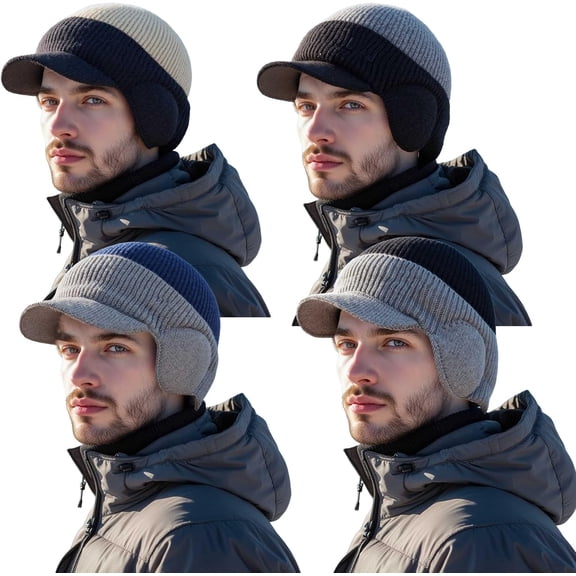 Windproof Thermal Cap with Visor, Warm Knit Beanie with Ear Flaps, Stretchy Winter Hat for Outdoor Activities