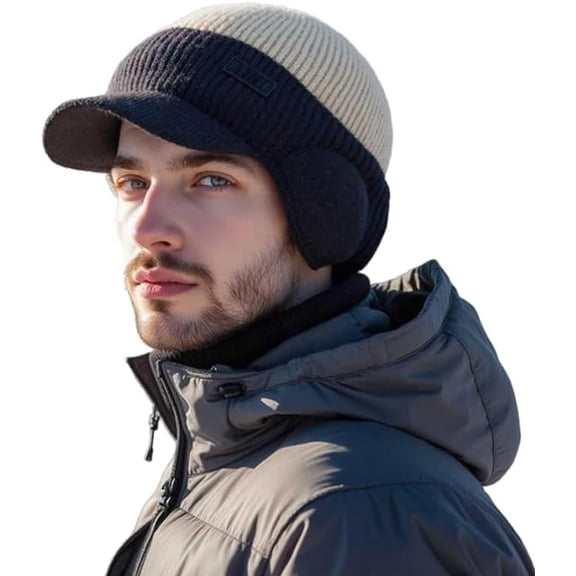 Windproof Thermal Cap with Visor, Winter Fleece Lined Beanie Knit Cap, Heat Trap Beanie Hat with Ear Flaps That Ends Thermal Gapping for Men
