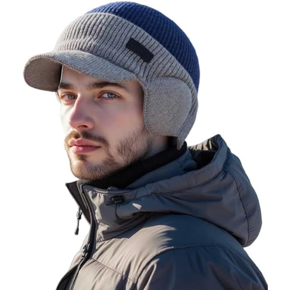 Windproof Thermal Cap with Visor, Winter Fleece Lined Beanie Knit Cap, Heat Trap Beanie Hat with Ear Flaps That Ends Thermal Gapping for Men