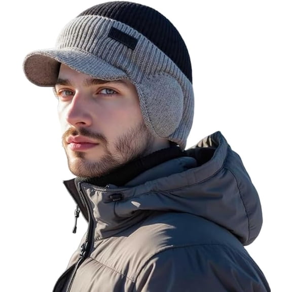 Windproof Thermal Cap with Visor, Winter Fleece Lined Beanie Knit Cap, Heat Trap Beanie Hat with Ear Flaps That Ends Thermal Gapping for Men