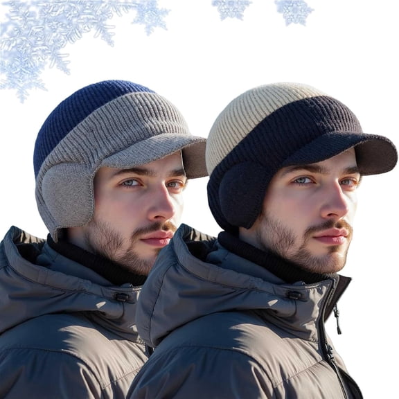 Windproof Thermal Cap with Visor, Winter Fleece Lined Knitted Earflap Hat Beanie for Men with Brim and Ear Covers, Cozy Cold Protection.
