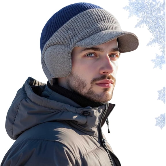 Windproof Thermal Cap with Visor, Winter Fleece Lined Knitted Earflap Hat Beanie for Men with Brim and Ear Covers, Cozy Cold Protection.