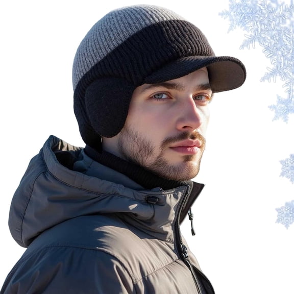 Windproof Thermal Cap with Visor, Winter Fleece Lined Knitted Earflap Hat Beanie for Men with Brim and Ear Covers, Cozy Cold Protection.