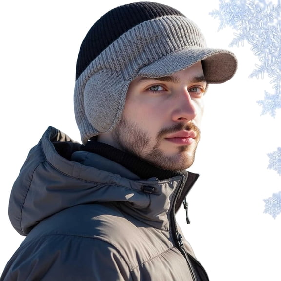 Windproof Thermal Cap with Visor, Winter Fleece Lined Knitted Earflap Hat Beanie for Men with Brim and Ear Covers, Cozy Cold Protection.