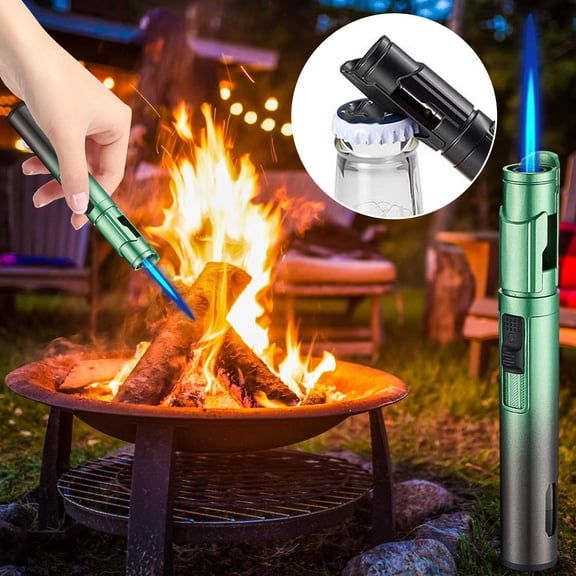 Windproof Torch Lighter, Pen-Shaped Refillable Butane Lighter, Windproof Adjustable Flame Lighter with Bottle Opener for Outdoor Camping