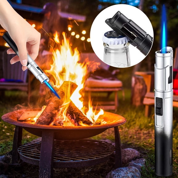 Windproof Torch Lighter, Pen-Shaped Refillable Butane Lighter, Windproof Adjustable Flame Lighter with Bottle Opener for Outdoor Camping