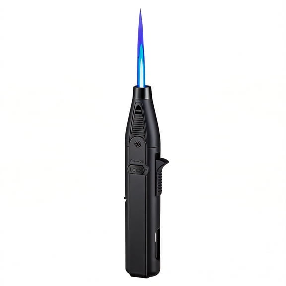 Windproof Torch Lighter with Safety Lock, Blue Flame, Black
