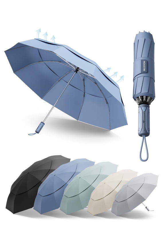 Windproof Travel Umbrella with Double-Layer Ventilated Canopy - Withstands 55+ MPH Winds, Auto Open/Close & Reverse Folding Compact Design for Backpack, Car, Commute