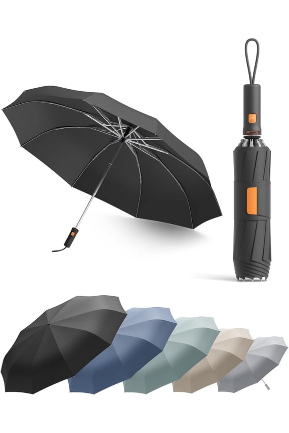 Windproof Travel Umbrella for Rain, Withstand 85MPH Winds, 52 Inch Reverse Folding Umbrella, Inverted Design Keeps Wet Surface Inside, Auto-Close, Travel, Women, Men, Fits Backpack & Cars