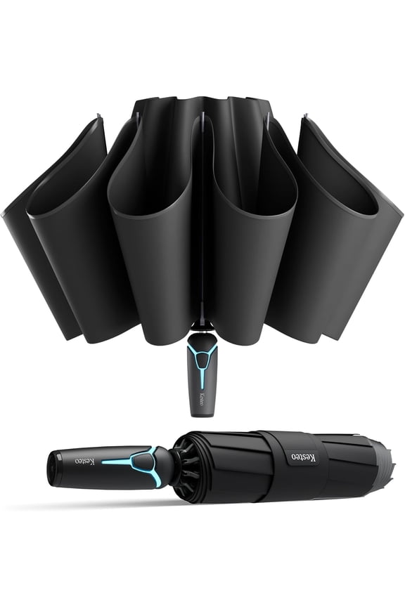 Windproof Travel Umbrella With Automatic Open Close 52 Inch Reverse Fold Portable Compact Umbrella In Black