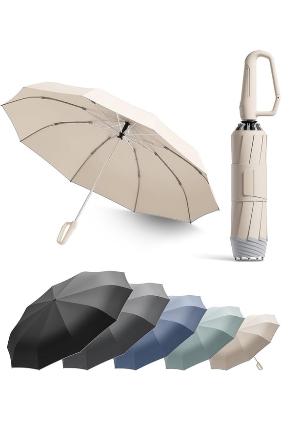Windproof Travel Umbrella With Automatic Open Close 52 Inch Reverse Fold Portable Compact Umbrella With Carry Bag Beige