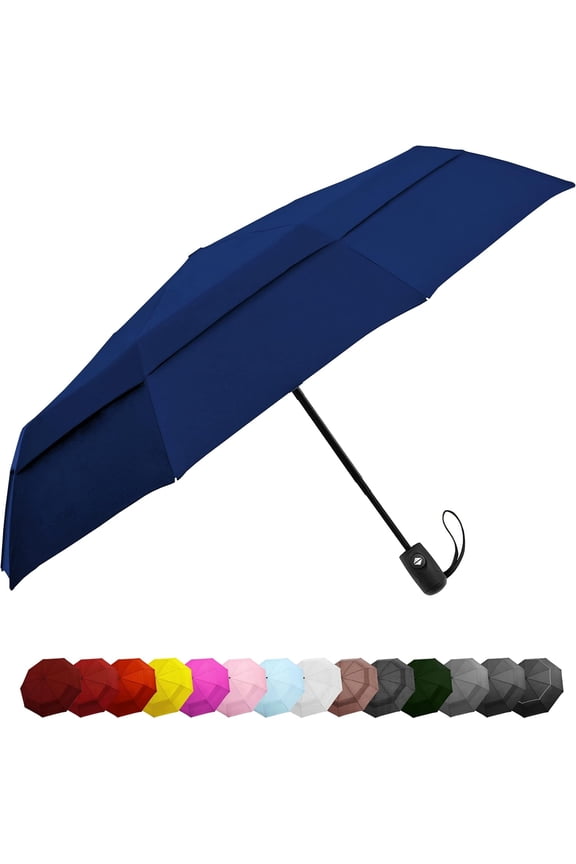 Windproof Travel Umbrellas - Lightweight, Strong, Compact with Easy Auto Open/Close Button for Single Hand Use - Double Vented Canopy