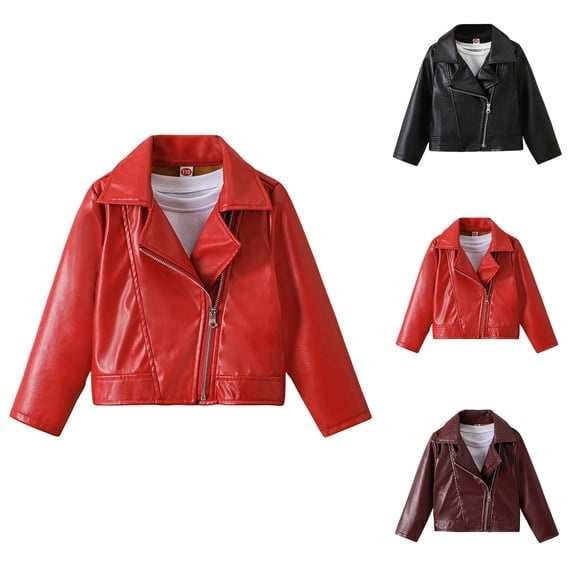 Windproof Warm PU Leather Motorcycle Jacket Coat for Girls Ages 2â10, Stylish British-Inspired Outerwear with Turn-Down Collar, Long Sleeves, Crop Fit
