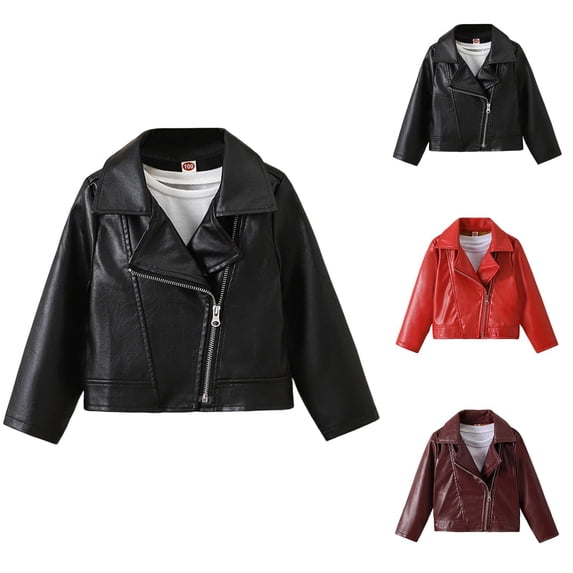 Windproof Warm PU Leather Motorcycle Jacket Coat for Girls Ages 2â10, Stylish British-Inspired Outerwear with Turn-Down Collar, Long Sleeves, Crop Fit