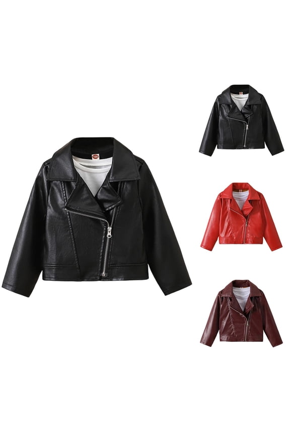 Windproof Warm PU Leather Motorcycle Jacket Coat for Girls Ages 2â10, Stylish British-Inspired Outerwear with Turn-Down Collar, Long Sleeves, Crop Fit