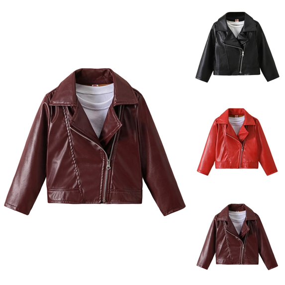 Windproof Warm PU Leather Motorcycle Jacket Coat for Girls Ages 2â10, Stylish British-Inspired Outerwear with Turn-Down Collar, Long Sleeves, Crop Fit