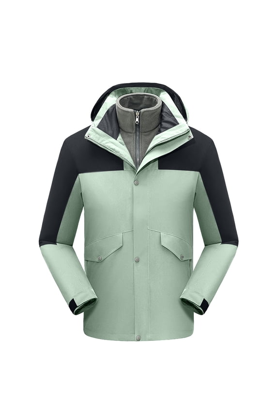 Windproof Windbreaker 3-in-1 Raincoats for Women with Detachable Hood Hiking Waterproof Rain Jacket Outdoor Coat (Large, Green)