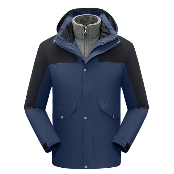 Windproof Windbreaker 3-in-1 Raincoats for Women with Detachable Hood Hiking Waterproof Rain Jacket Outdoor Coat (Large, Navy)