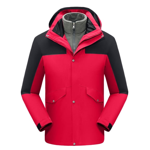 Windproof Windbreaker 3-in-1 Raincoats for Women with Detachable Hood Hiking Waterproof Rain Jacket Outdoor Coat (Large, Red)