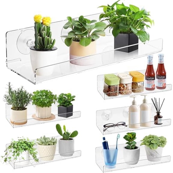 Windproof Window Plant Shelves 6 Pack - 15" Suction Cup Floating Shelf Set for Indoor Plants, Herb Gardens, Books & Decor, Bathroom and Kitchen Space-Saving Wall-Mounted Clear Acrylic Sill Extender