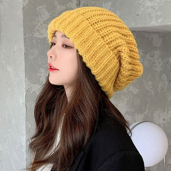 Windproof Winter Warm Elastic Solid Color Korean Style Beanies Knitted Hat Women Hat YELLOW