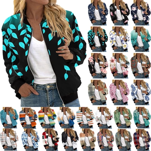 Windproof Workwear Utility Coat Women's Casual Fashion Printed Pocket Zippered Coat Loose Long Sleeves Top Green L