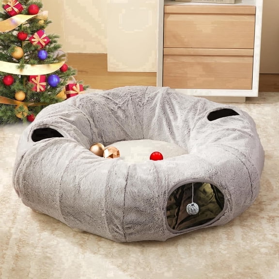 WINDRACING Cat Tunnel Donut Bed, 37.5-Inch Round Plush Pet Play Tunnel with Washable Cushion for Indoor Cats, Grey