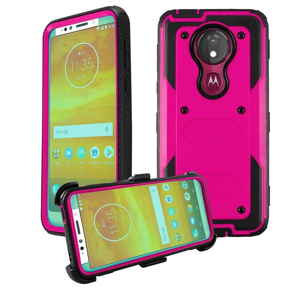 Windrew Moto G7 Power Case,Moto G7 Supra/Moto E5 Plus Case, Heavy-Duty Shockproof Full Body Protection Rugged Hybrid Case with Rotating Belt Clip and Bracket 2019 Release(Rose red)