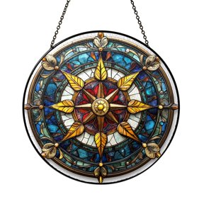 Windrose Compass Stained Glass Suncatcher Window Decor, Round Coastal Art Panel