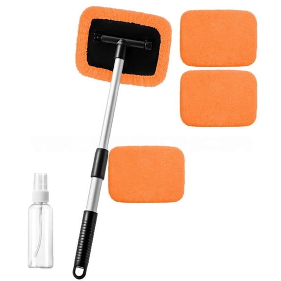 Windscreen Cleaner Brush for Car SUV Truck | Extendable Telescopic 180° Rotating Demister Tool | 4 Reusable Washable Pads | Auto Window Cleaning Kit for Easy Streak-Free Glass