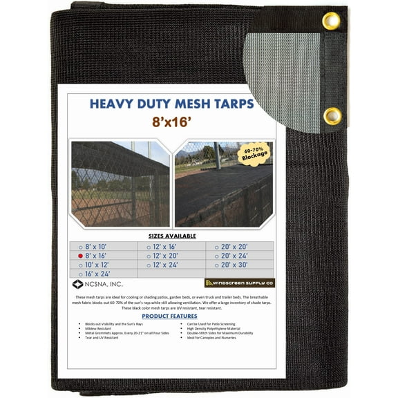 WindscreenSupplyCo Heavy Duty 8' x 16' Black Knitted Mesh Tarp with Grommets 60-70% Shade
