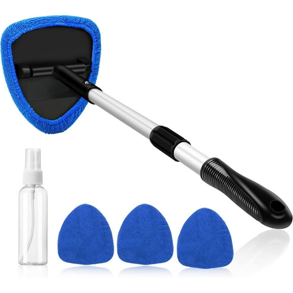 Windshield Cleaner, Car Windshield Cleaning Tool Inside with 4 Reusable and Washable Microfiber Pads and Extendable Handle Auto Glass Wiper Kit, Blue